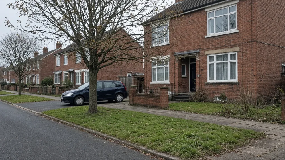 Grass verge and street tree between the road and a house with no driveway